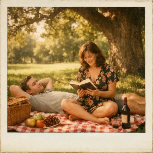 Create a vintage Polaroid photograph of a couple sitting on a checkered blanket under a large oak tree in a grassy park. The man is lying on his back with his hands behind his head wearing a plain polo shirt and shorts, and the woman is sitting cross-legged beside him wearing a floral wrap dress, reading aloud from a paperback book. A wicker basket, some fruit, and a bottle of wine are spread out on the blanket. Dappled sunlight filtering through the leaves, warm green and golden tones, soft shadows, heavy film grain, slightly overexposed patches of light, peaceful rural atmosphere. Shot on Polaroid SX-70 film. Use aspect ratio 1:1.