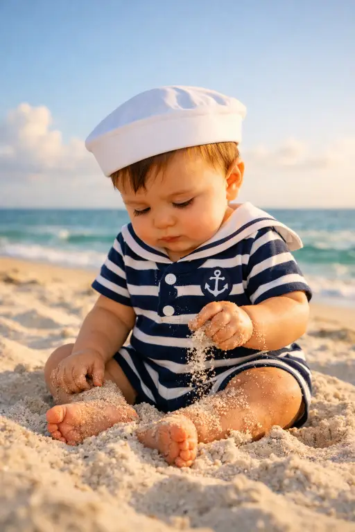Create a photo of a baby boy around 9 months old sitting on soft white sand at a beach, wearing a classic navy and white striped sailor romper with a small anchor embroidered on the chest and a white sailor cap. He is picking up sand with one hand and looking down at it with a concentrated, curious expression. His bare feet are buried slightly in the sand. The camera is at ground level, shooting slightly upward so the ocean horizon is visible in the background. Warm late afternoon golden light from the side creates soft shadows on the sand. The background shows gentle turquoise waves, a clear sky with a few soft clouds, and the sand stretching out beside the baby. Bright, warm, coastal lifestyle baby photography. Shot with a 35mm lens, shallow depth of field. Use aspect ratio 4:5.
