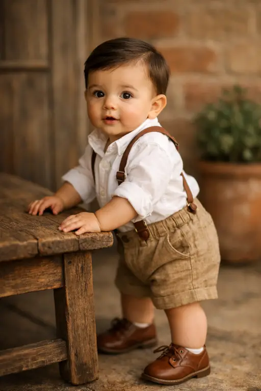 Create a photo of a baby boy around 11 months old standing while holding onto the edge of a wooden bench for support. He is wearing a white button-up shirt with the sleeves slightly rolled up, tan linen shorts, miniature brown leather suspenders, and tiny brown Oxford shoes. His hair is neatly combed to the side. He is looking off to the right with a curious expression. The camera is at the baby's standing height, shooting at a slight angle. Soft, warm directional light from the left side creates gentle modeling on the face. The background is a rustic setting with an old wooden door, a potted plant, and a warm-toned brick wall, slightly out of focus. Vintage, editorial, styled baby portrait. Shot with an 85mm lens, creamy bokeh. Use aspect ratio 4:5.