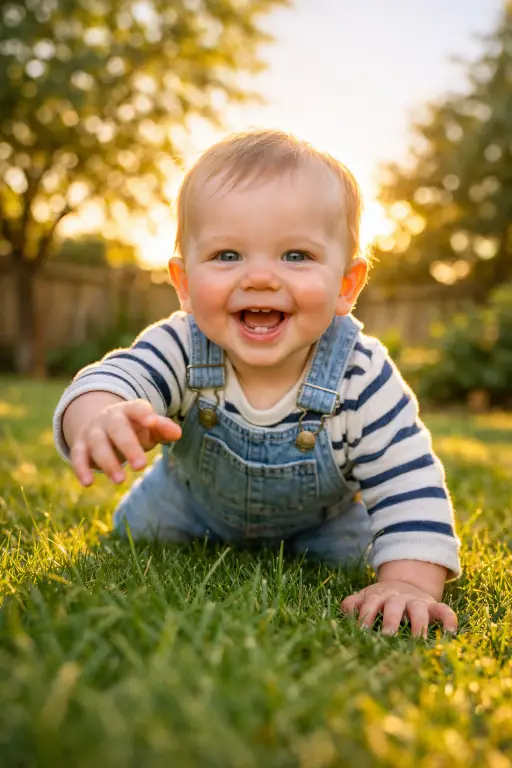 Create a photo of a baby boy around 8 months old crawling on soft green grass in a backyard, wearing light denim overalls over a striped white and navy long-sleeve shirt. He is mid-crawl with one hand reaching forward and the other planted on the ground, looking up at the camera with a big toothy grin. The camera is at ground level, shooting slightly upward to capture the baby against a bright sky. Golden hour sunlight from behind creates a warm rim light around the baby's head and shoulders. The background shows blurred garden trees, a wooden fence, and dappled light on the grass. Bright, warm, candid lifestyle photography with rich greens and golden tones. Shot with a 35mm lens. Use aspect ratio 4:5.
