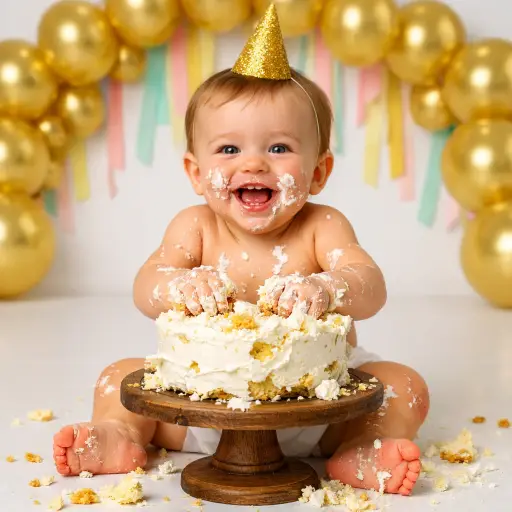 Create a photo of a baby around 12 months old sitting on the floor behind a small round cake on a wooden cake stand, with both hands plunged into the frosting and a huge delighted grin on the face. The baby is wearing only a white diaper cover and a small gold glitter party hat. There is cake frosting smeared on the baby's cheeks, hands, and belly. Crumbled cake pieces and frosting are scattered on the floor around the stand. The camera is at the baby's eye level, shooting straight on. Bright studio lighting with soft fill light from both sides to eliminate harsh shadows. The background is a simple setup with a large gold balloon arch and pastel streamers against a white wall. Fun, energetic, celebration-style baby photography with bright, saturated colors. Shot with a 35mm lens. Use aspect ratio 4:5.