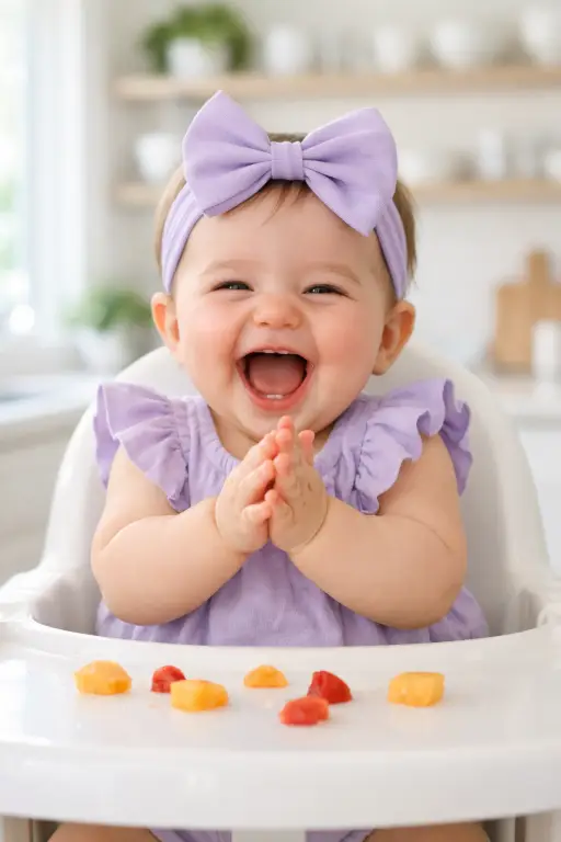 Create a photo of a baby girl around 7 months old sitting in a high chair, wearing a soft lavender cotton romper with ruffled sleeves and a large matching lavender bow headband. She is laughing with her mouth wide open, eyes squinted, and both hands clapping together in front of her. There are small pieces of soft fruit on the high chair tray. The camera is at the baby's eye level, positioned directly in front. Bright, natural light from a large kitchen window behind the camera fills the scene evenly. The background shows a clean white modern kitchen with open shelving and greenery, softly blurred. Bright, joyful, candid family photography style with clean, light tones. Shot with a 50mm lens. Use aspect ratio 4:5.