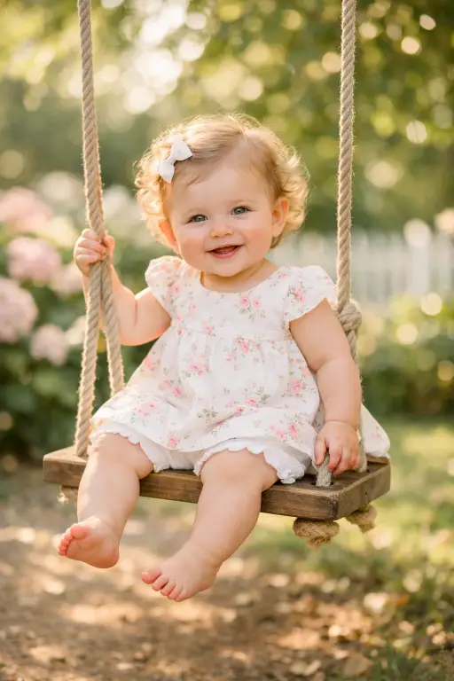 Create a photo of a baby girl around 10 months old sitting on a small wooden garden swing, wearing a white dress with a delicate pink and green floral print and soft white cotton bloomers underneath. Her tiny bare feet are dangling from the swing and she is holding one of the swing ropes with her small hand. She has light curly hair with a tiny white bow clip. The camera is at waist height, positioned slightly to the side to capture the swing's motion. Soft late afternoon light filters through tree leaves above, creating dappled light spots on the baby and the ground. The background shows a lush green garden with blooming hydrangeas and a blurred white picket fence. Dreamy, whimsical, editorial baby photography style with soft pastel tones. Shot with an 85mm lens, shallow depth of field. Use aspect ratio 4:5.