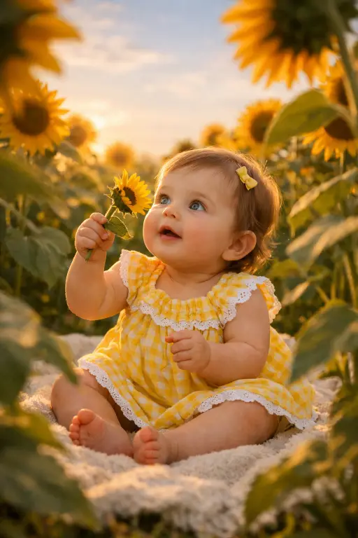 Create a photo of a baby girl around 8 months old sitting on a soft blanket in the middle of a sunflower field, wearing a yellow gingham dress with white lace trim and bare feet. She is holding a small sunflower in her hand and looking up at it with a curious wide-eyed expression. Her hair has a small yellow clip in it. The camera is at the baby's eye level, shooting through the sunflower stems to frame the baby naturally. Warm golden hour light from behind creates a glowing rim light around the baby and the sunflowers. The background is filled with tall sunflowers stretching into a soft blue sky with a few wispy clouds. Bright, warm, outdoor lifestyle photography with vibrant yellows and greens. Shot with a 50mm lens, shallow depth of field. Use aspect ratio 4:5.
