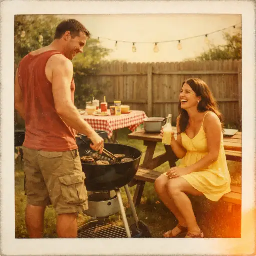 Create a vintage Polaroid photograph of a couple at a backyard barbecue on a sunny afternoon. The man is standing at a grill wearing a faded red tank top and cargo shorts, flipping burgers with tongs. The woman is sitting on a picnic bench nearby wearing a yellow sundress and sandals, holding a glass bottle of lemonade and laughing at something he said. The backyard has green grass, a wooden fence, string lights hanging above, and a folding table with plates and condiments. Bright warm sunlight, slightly overexposed sky, golden and green tones, film grain, faded shadows, slight orange light leak in the corner. Shot on Polaroid SX-70 film. Use aspect ratio 1:1.