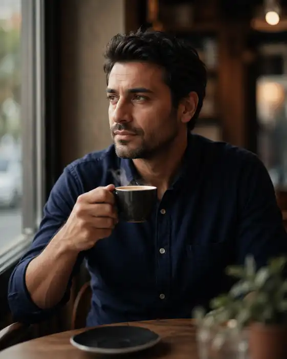 Create a 35-year-old man sitting in a cozy café, wearing a navy blue shirt, holding a steaming cup of coffee, soft window light falling on his face, shallow depth of field, shot on Sony A7IV, 85mm lens. Use aspect ratio 4:5.