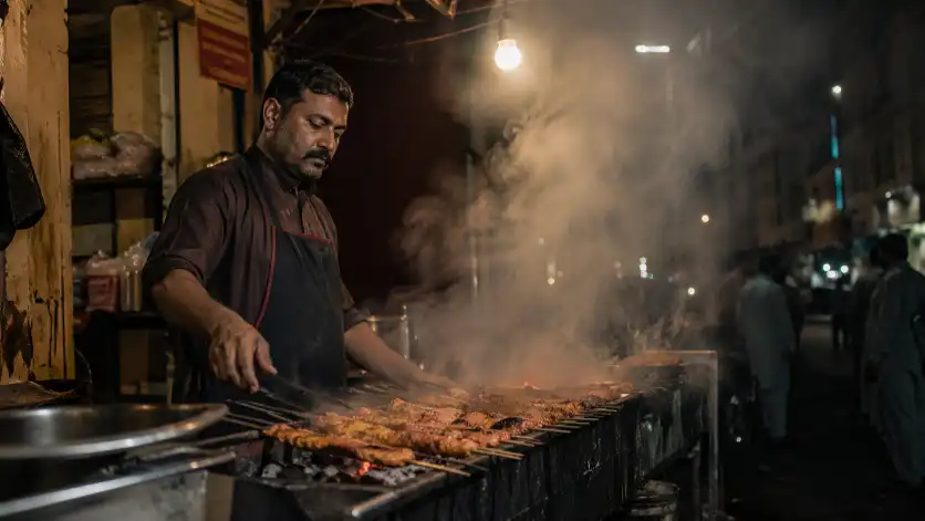 Create a street food vendor grilling kebabs on a charcoal grill at night, smoke rising, warm tungsten light from a hanging bulb, photojournalistic style, Canon EOS R5, 35mm lens. Use aspect ratio 16:9.