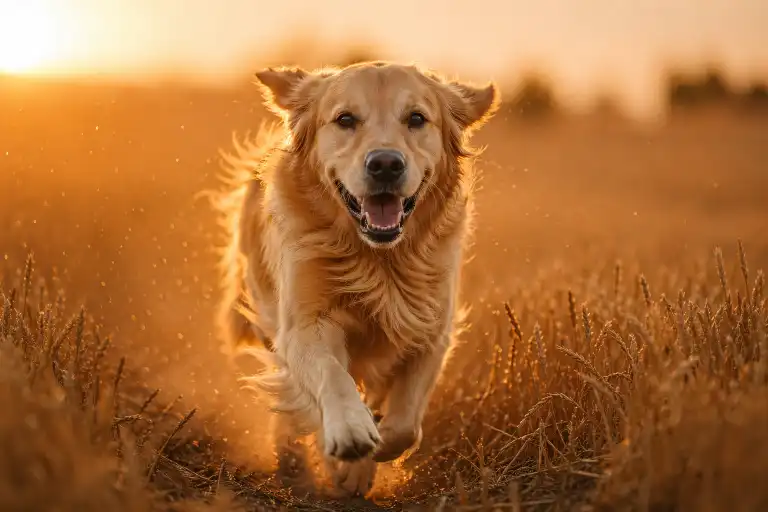 Create a golden retriever running through a wheat field during golden hour, motion blur on the legs, sharp focus on the face, dust particles in the air, Nikon Z9, 70-200mm lens. Use aspect ratio 3:2.