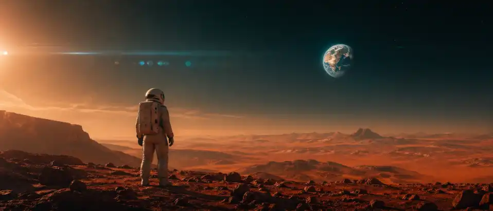 Create a lone astronaut standing on a rust-colored Mars landscape, looking at a distant Earth in the sky, cinematic style, anamorphic lens flare, teal and orange color grading, wide shot. Use aspect ratio 21:9.