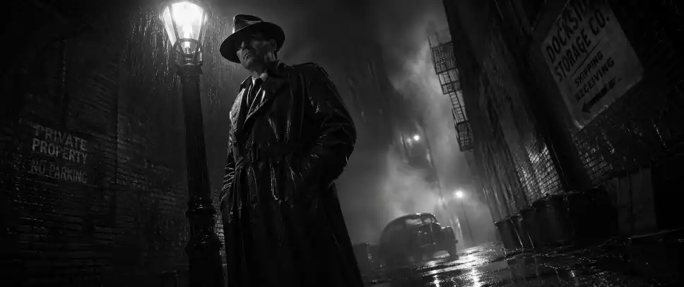 Create a detective in a 1940s noir film standing under a flickering streetlight in a rain-soaked alley, black and white, heavy shadows, fog rolling in, dramatic low-angle shot. Use aspect ratio 2.39:1.