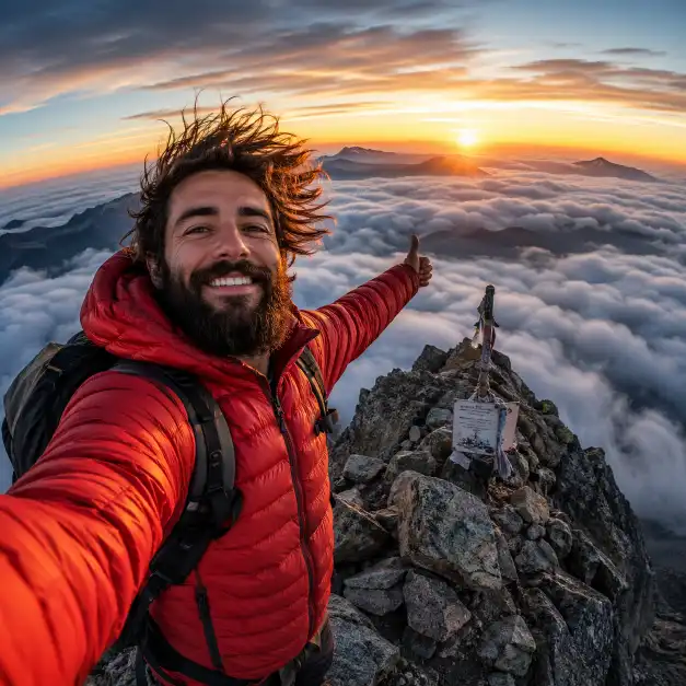 Create a bearded man taking a selfie on a mountain summit at sunrise, windswept hair, wearing a red puffer jacket, clouds below him, GoPro wide-angle distortion, adventurous vibe. Use aspect ratio 1:1.