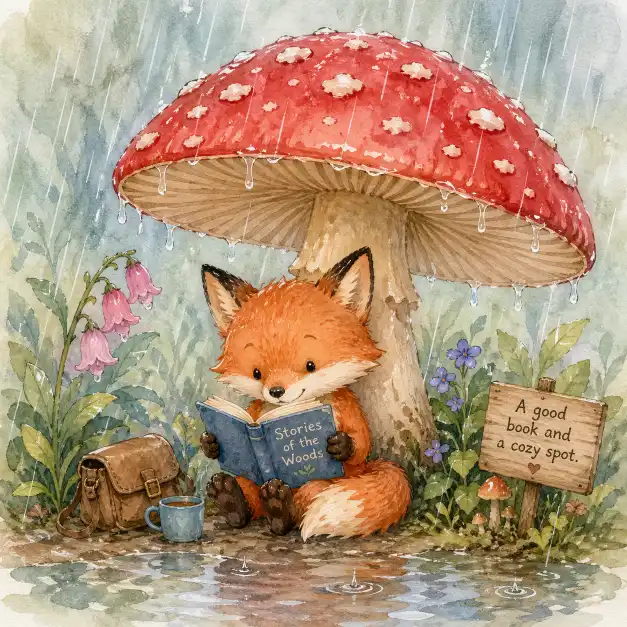 Create a whimsical watercolor illustration of a tiny fox reading a book under a mushroom during a rain shower, soft pastel colors, children's book style, hand-painted texture. Use aspect ratio 1:1.