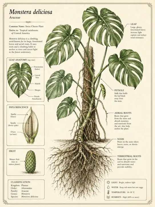 Create a detailed botanical illustration of a monstera plant with exposed roots, scientific diagram style, labeled parts, cream parchment background, fine ink linework with green watercolor fills. Use aspect ratio 3:4.