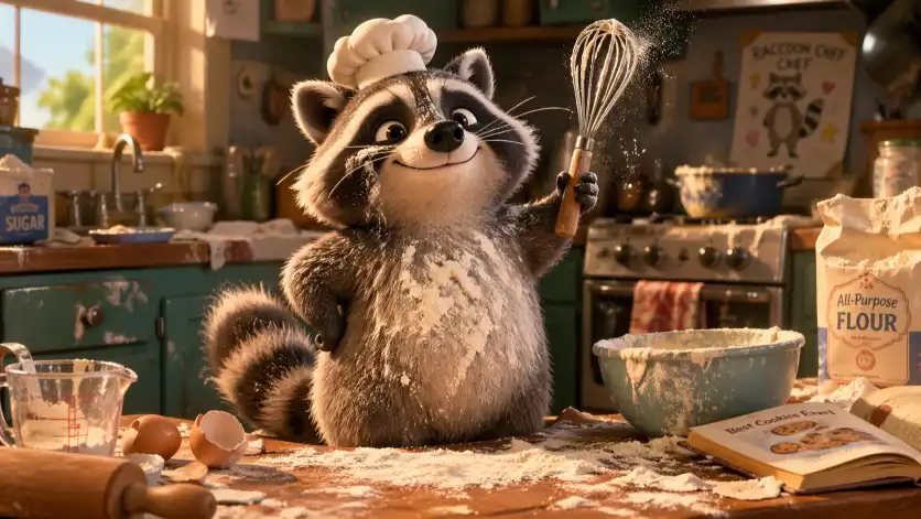 Create a Pixar-style 3D render of a chubby raccoon wearing a tiny chef hat, standing in a messy kitchen, flour everywhere, holding a whisk with a proud expression, vibrant lighting. Use aspect ratio 16:9.