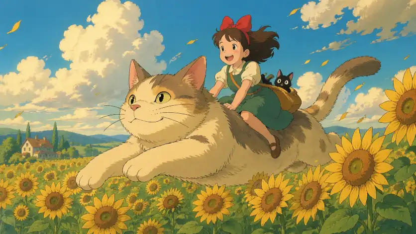 Create a Studio Ghibli inspired scene of a girl riding a giant cat through a field of sunflowers, soft clouds, warm afternoon light, hand-drawn anime aesthetic, dreamy atmosphere. Use aspect ratio 16:9.