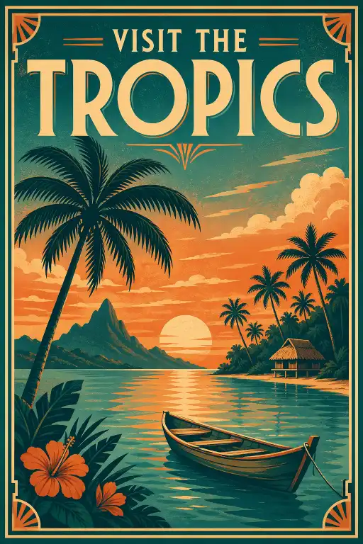 Create a retro travel poster for "Visit the Tropics" featuring a calm lagoon with a wooden boat, palm trees, sunset sky, bold vintage typography at the top, art deco border, limited color palette of teal, orange, and cream. Use aspect ratio 2:3.