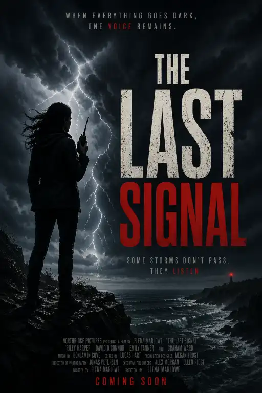 Create a movie poster titled "The Last Signal" showing a silhouette of a woman holding a radio on a cliff edge, stormy sky with lightning, thriller genre, bold distressed font, dark moody tones. Use aspect ratio 2:3.