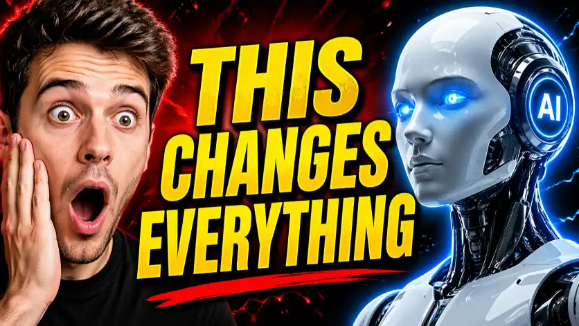 Create a YouTube thumbnail showing a shocked face reaction next to a glowing AI robot, bold yellow text saying "THIS CHANGES EVERYTHING", red and black background, high contrast, attention-grabbing layout. Use aspect ratio 16:9.