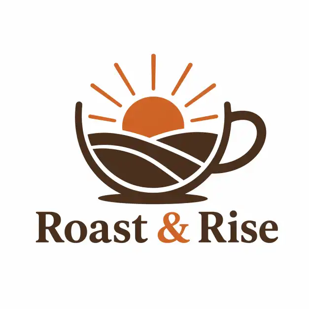 Create a minimal flat logo for a coffee brand called "Roast & Rise", featuring a stylized coffee cup with a sunrise inside it, two-color design using burnt orange and dark brown, clean vector style, white background. Use aspect ratio 1:1.