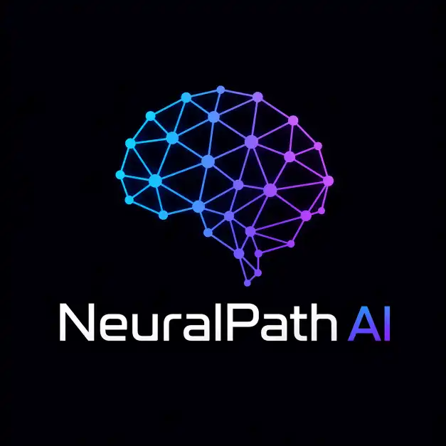 Create a modern tech startup logo for "NeuralPath AI", featuring an abstract brain made of connected nodes and lines, gradient from electric blue to purple, sleek sans-serif wordmark below, dark background. Use aspect ratio 1:1.