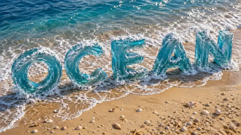Create the word "OCEAN" rendered in large 3D letters made of flowing water and sea foam, sitting on a sandy beach with waves crashing around the base of each letter, realistic water textures, sunlight refracting through the letters, seashells scattered around, aerial perspective. Use aspect ratio 16:9.