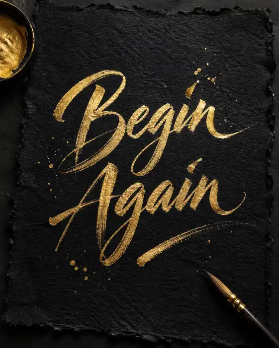 Create elegant calligraphy of the phrase "Begin Again" in gold ink on handmade textured black paper, visible brush strokes, slight ink splatter, overhead flat lay shot. Use aspect ratio 4:5.