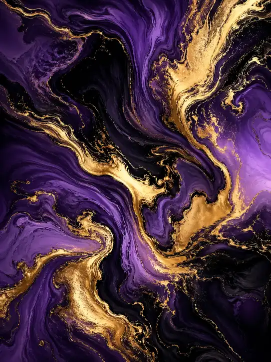 Create an abstract digital art piece with flowing liquid marble textures in deep purple, gold, and midnight black, swirling organic forms, metallic sheen highlights, 8K resolution, suitable for wall art print. Use aspect ratio 3:4.