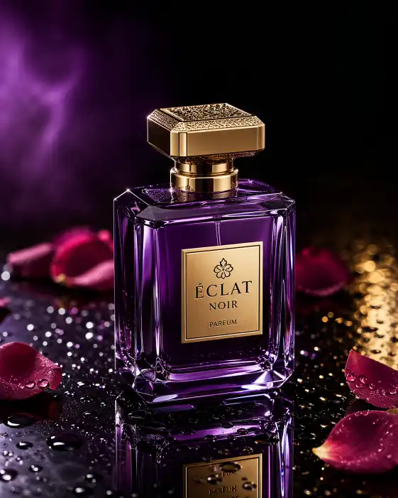 Create a luxury perfume bottle on a black reflective surface, surrounded by water droplets and rose petals, dramatic side lighting with purple and gold tones, commercial product photography style, ultra sharp focus. Use aspect ratio 4:5.