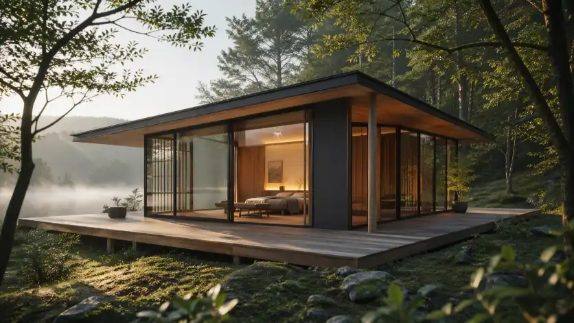 Create a modern minimalist Japanese-style tiny home in a forest clearing, floor-to-ceiling glass walls, wooden deck, morning mist, architectural photography, natural materials. Use aspect ratio 16:9.