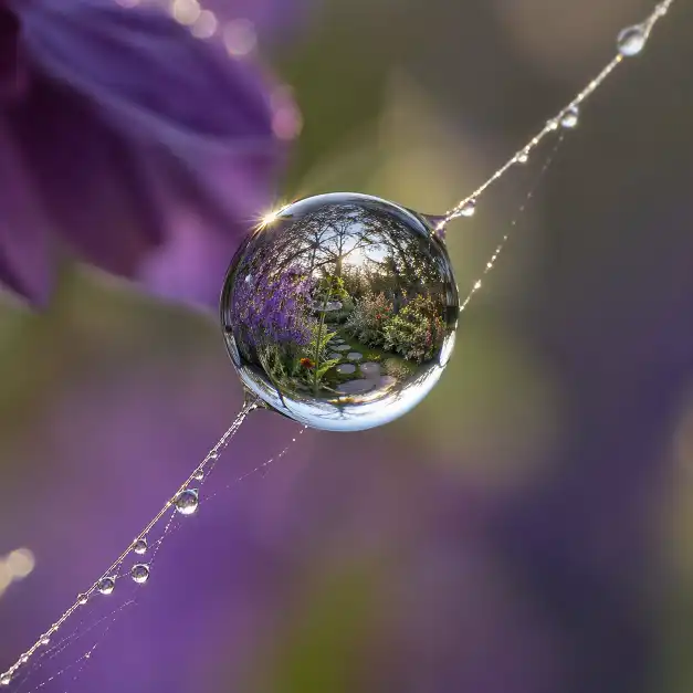 Create an extreme macro photograph of a dewdrop on a spider web strand, reflecting a tiny garden scene inside the droplet, early morning light, bokeh background of purple flowers, focus stacking technique. Use aspect ratio 1:1.
