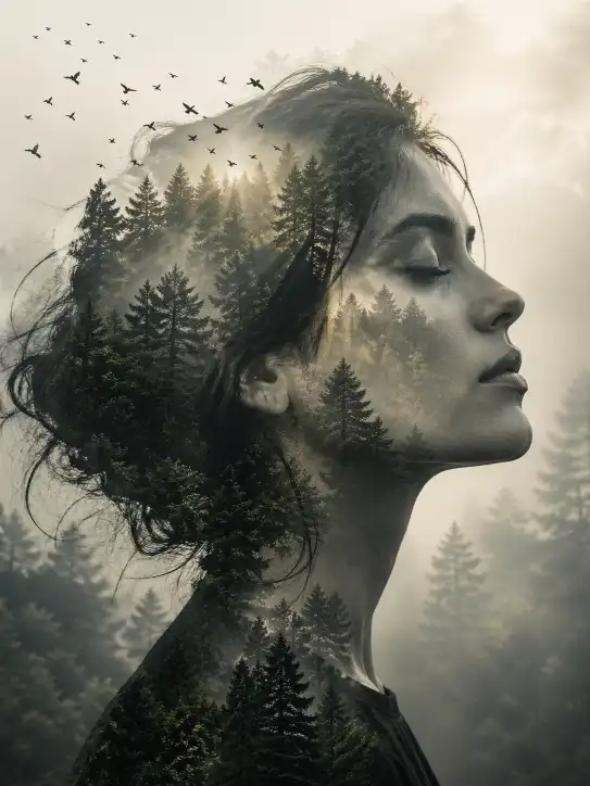 Create a double exposure portrait of a woman's side profile blended with a dense forest landscape, birds flying out from her hair, misty trees visible through her face, soft golden light filtering through, fine art photography style, monochrome with subtle green tones. Use aspect ratio 3:4.