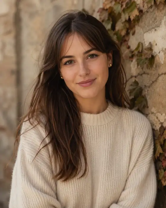Create a portrait photo of a young woman standing in front of a weathered stone wall covered in faded ivy. She is wearing a cream-colored knit sweater with a slightly oversized fit and small gold stud earrings. Her hair is down, falling naturally past her shoulders with a few strands across her forehead. She is looking directly into the camera with a calm, warm expression and a slight closed-lip smile. The camera is at eye level, shooting with a shallow depth of field so the background is softly blurred. Soft, diffused afternoon light hits her face from the left side, creating gentle shadows on the right. Warm earthy tones with a natural, editorial feel. Shot with an 85mm portrait lens. Use aspect ratio 4:5.
