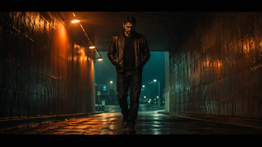 Create a cinematic photo of a man walking alone through a dimly lit underpass tunnel at night. He is wearing a dark brown leather jacket over a black crew neck shirt, dark jeans, and worn leather boots. His hands are in his jacket pockets and his head is slightly tilted down with a serious, contemplative expression. The tunnel walls are wet and reflective, catching streaks of warm orange light from overhead sodium lamps. The camera is positioned low at knee height, shooting upward at a slight angle as he walks toward the lens. Deep shadows, rich contrast, and a color palette of deep amber, teal, and charcoal. Cinematic widescreen framing with letterbox black bars. Shot with a 35mm lens. Use aspect ratio 16:9.