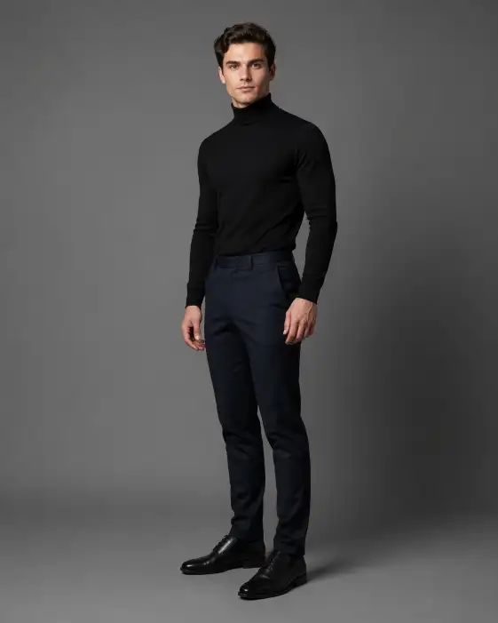 Create a studio portrait photo of a young man standing against a seamless medium gray backdrop. He is wearing a fitted black turtleneck and dark navy tailored trousers with black leather dress shoes. His body is angled slightly to the right with his arms relaxed at his sides, and he is looking directly at the camera with a confident, neutral expression. Studio lighting setup with a key light at 45 degrees from the upper left creating defined shadows on the right side of his face, and a fill light softening the shadows slightly. Clean, sharp focus on his face with a smooth, even background. Minimal and polished aesthetic. Shot with a 70mm lens at f/4. Use aspect ratio 4:5.