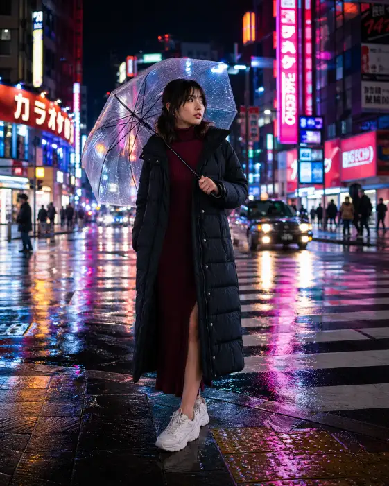 Create a night photo of a young woman standing at the edge of a crosswalk on a busy city street after rain. She is wearing a long black puffer coat over a burgundy turtleneck dress and white chunky sneakers. She is holding a transparent umbrella over her shoulder with one hand while looking to the side at something off-camera. The wet asphalt reflects neon signs in shades of pink, blue, and gold from the surrounding storefronts. The camera is at waist height, capturing her from a medium distance with blurred taxi headlights and pedestrians in the background. Cool blue and warm neon tones with high contrast and rich saturation. Shot with a 35mm lens, f/1.8. Use aspect ratio 4:5.