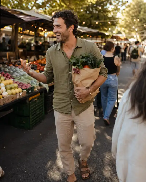 Create a candid photo of a man laughing mid-conversation at an outdoor farmers market. He is wearing a light olive linen shirt with the sleeves rolled up, tan chinos, and brown leather sandals. He is holding a paper bag of fresh produce in one arm while gesturing with his free hand, caught mid-laugh with his eyes slightly squinted. The background shows colorful market stalls with stacked fruits, hanging string lights, and other shoppers slightly blurred in the distance. The camera is at chest height, slightly off to the side as if shot by a friend walking beside him. Warm, natural afternoon light with a golden, lived-in feel. Shot with a 50mm lens, candid documentary style. Use aspect ratio 4:5.