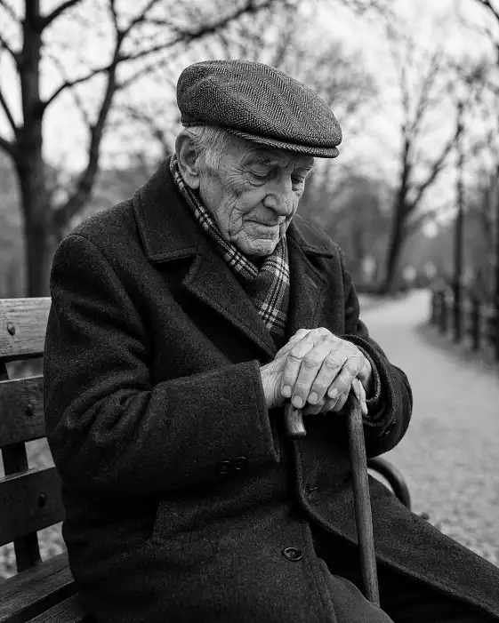 Create a black and white photo of an elderly man sitting on a wooden bench in a quiet park. He is wearing a flat cap, a heavy wool overcoat, and a plaid scarf tucked into his collar. His hands are clasped together resting on the handle of a wooden walking cane. He is looking down at the ground with a reflective, peaceful expression. Deep wrinkles and skin texture are visible with sharp detail. The background shows bare tree branches and a gravel path, softly blurred. The camera is at eye level, shooting from a few feet away. High contrast black and white with rich shadows and bright highlights. Shot with a 50mm lens, classic photojournalistic style. Use aspect ratio 4:5.
