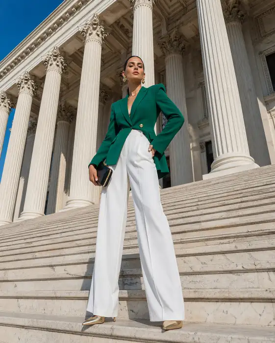 Create a fashion photo of a young woman standing on a wide marble staircase in front of a grand neoclassical building. She is wearing a structured emerald green blazer with padded shoulders, high-waisted wide-leg white trousers, and pointed metallic gold heels. She is holding a small black clutch bag in one hand with her other hand on her hip, chin slightly raised with a fierce, confident expression. Her hair is slicked back in a tight low bun. The camera is positioned below at the base of the stairs, shooting upward to emphasize the grandeur and her commanding presence. Bright, clean daylight with sharp shadows from the building columns. Bold, high-fashion editorial style with vivid color saturation. Shot with a 24mm lens. Use aspect ratio 4:5.