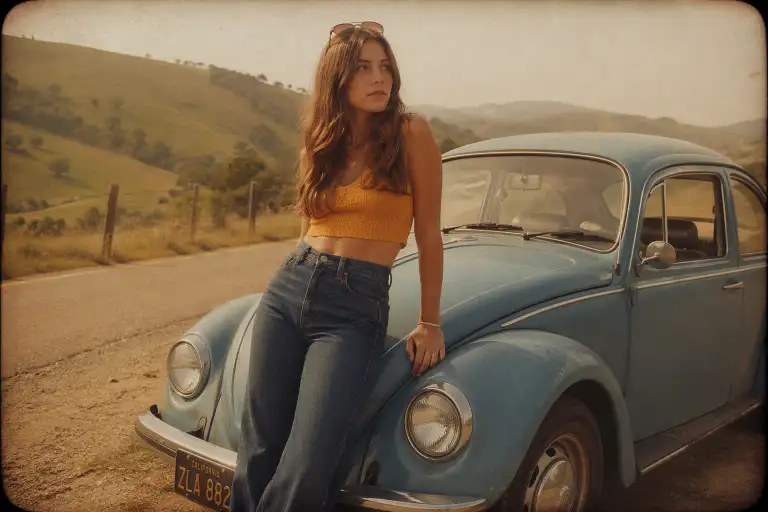 Create a vintage-style photo of a young woman leaning against the hood of a classic powder blue 1970s Volkswagen Beetle parked on the side of a quiet rural road. She is wearing high-waisted bell-bottom jeans, a mustard yellow cropped knit top, and round tortoiseshell sunglasses pushed up on her head. Her hair is parted in the middle and flows in loose waves. She is looking off into the distance with a carefree, nostalgic expression. The background shows rolling green hills, wooden fence posts, and a soft hazy sky. The image has visible film grain, slightly faded warm tones, and a soft vignette around the edges. The camera is at hip height, shooting from a slight angle. Retro 1970s analog film aesthetic with warm amber and olive color grading. Shot with a 50mm lens. Use aspect ratio 3:2.