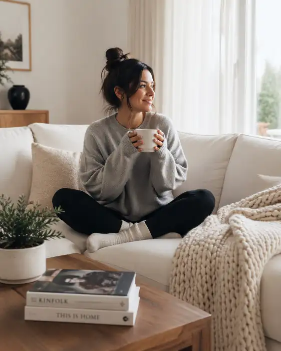 Create a lifestyle photo of a young woman sitting cross-legged on a large cream-colored sofa in a bright, modern living room. She is wearing an oversized light gray cashmere sweater, black leggings, and fuzzy white socks. She is holding a large ceramic mug with both hands, looking off to the side at a window with a content, relaxed smile. The living room features a wooden coffee table with a stack of books and a small potted plant, soft white curtains letting in natural light, and a chunky knit throw blanket draped over the sofa arm. The camera is at her seated eye level, shooting from across the coffee table. Soft, airy, and warm with natural window light. Clean, minimal, Scandinavian-inspired aesthetic. Shot with a 35mm lens. Use aspect ratio 4:5.