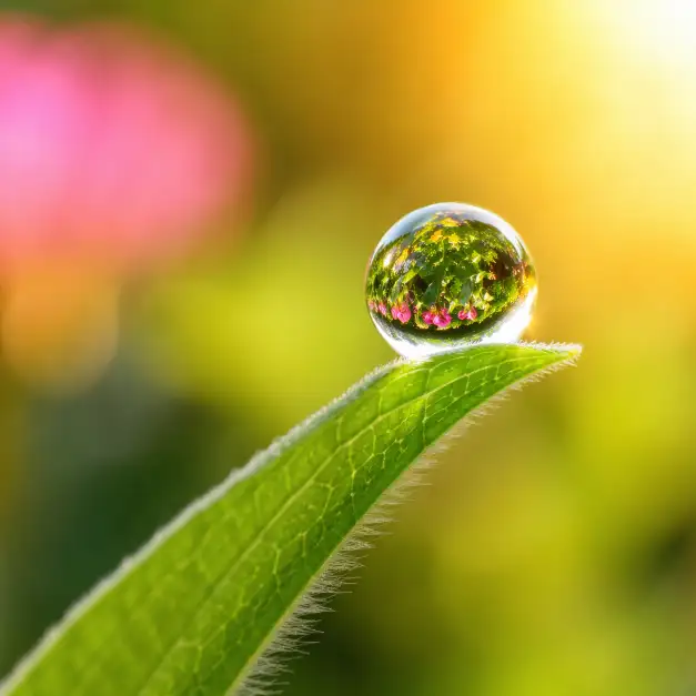Create a macro photo of a single dewdrop resting on the tip of a bright green leaf in early morning light. The dewdrop is perfectly spherical and acts like a tiny lens, reflecting an inverted image of the surrounding garden flowers in pinks and yellows. The leaf surface shows fine vein patterns and a subtle fuzzy texture. The background is a smooth, creamy bokeh of soft green and warm golden tones from the rising sun. The camera is positioned at the level of the leaf, just inches away from the subject. Crisp, tack-sharp focus on the dewdrop with everything else melting into a beautiful blur. Rich, saturated natural colors. Shot with a 100mm macro lens at f/2.8. Use aspect ratio 1:1.