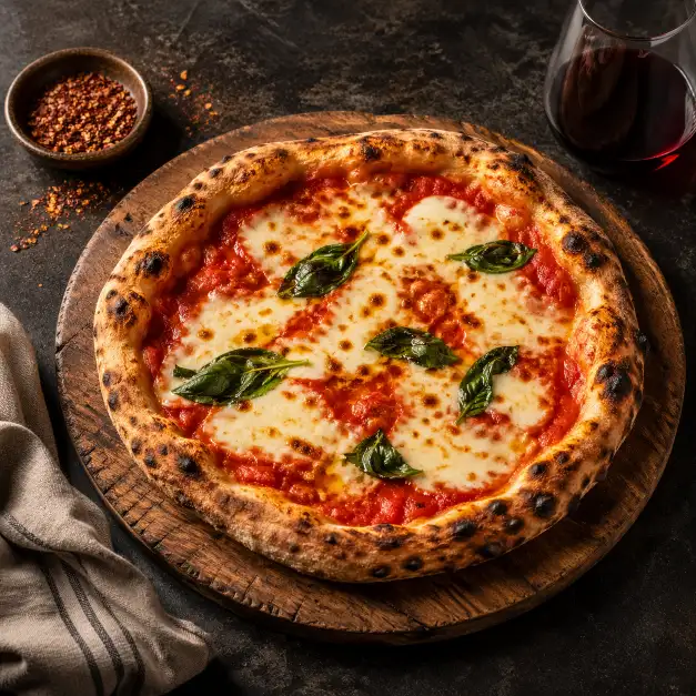 Create a food photo of a freshly baked margherita pizza on a rustic round wooden board placed on a dark slate countertop. The pizza has a slightly charred, bubbly crust with bright red San Marzano tomato sauce, melted white mozzarella with golden brown spots, and scattered fresh green basil leaves. A few drops of olive oil glisten on the surface. Beside the board, there is a small bowl of chili flakes, a linen napkin, and a glass of red wine. The camera is positioned at a 45-degree overhead angle looking down at the pizza. Warm, directional side lighting from the left creates soft shadows and highlights the textures of the crust and cheese. Rich, warm tones with a rustic Italian trattoria mood. Shot with a 50mm lens, f/3.5. Use aspect ratio 1:1.