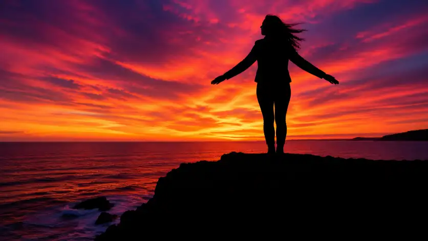 Create a silhouette photo of a woman standing on a rocky cliff edge overlooking the ocean at sunset. She is facing the horizon with her arms slightly outstretched to the sides and her hair blowing in the wind. Her entire figure is a solid dark silhouette against a blazing sky filled with bands of deep orange, magenta, and purple. The ocean below reflects the warm colors of the sky with small white waves crashing against the rocks at the base of the cliff. The camera is positioned behind and slightly below her, shooting upward to frame her silhouette against the brightest part of the sky. High contrast with a completely dark foreground and a vivid, saturated sky. Shot with a 35mm lens, f/8. Use aspect ratio 16:9.