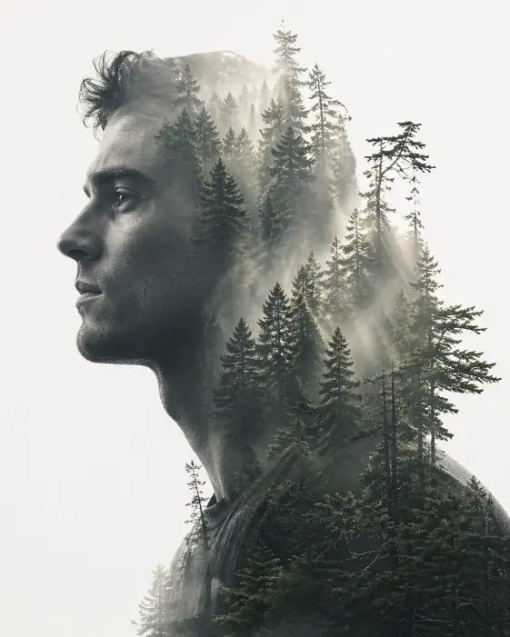 Create a double exposure photo blending a profile portrait of a man with a dense pine forest scene. The man's silhouette is facing left with a defined jawline, short hair, and a calm expression. The forest fills the interior of his silhouette with tall dark green pine trees, misty fog between the trunks, and soft rays of morning sunlight filtering through the canopy. The edges of his profile blend seamlessly into a clean white background. A few trees and branches extend slightly beyond the outline of his head and shoulders for a natural, organic transition. Muted greens, soft whites, and cool gray tones. Ethereal, artistic, fine-art photography style. Shot with an 85mm lens. Use aspect ratio 4:5.