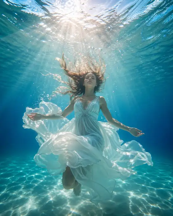 Create an underwater photo of a young woman floating just beneath the surface of a clear tropical ocean. She is wearing a flowing white dress that spreads out around her in the water like soft fabric clouds. Her hair is fanning out above her head in the water, and her arms are gently extended to the sides with her fingers relaxed. Her eyes are closed with a peaceful, serene expression. Sunlight streams down from the surface above in visible golden rays, creating dappled light patterns across her body and the sandy ocean floor below. Small bubbles rise around her toward the surface. The water is a gradient of light turquoise near the surface to deeper blue below. Dreamy, ethereal, fine-art underwater photography style. Shot with an underwater housing and a 24mm wide-angle lens. Use aspect ratio 4:5.