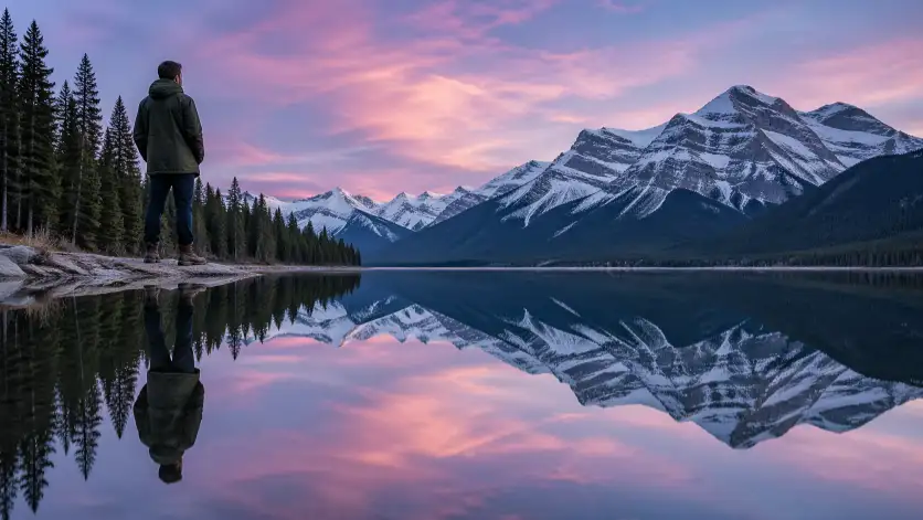 Create a reflection photo of a man standing on the edge of a perfectly still mountain lake at dawn. He is wearing a dark green parka jacket, black hiking pants, and brown hiking boots, standing with his hands in his pockets and looking out across the water. The lake is completely calm, creating a perfect mirror reflection of his figure, the surrounding snow-capped mountains, tall dark pine trees along the shore, and a soft pink and lavender sky with wispy clouds. The composition is split exactly in half between the real scene and its reflection on the water surface. The camera is at his hip level, shooting straight across the lake from the shoreline. Cool, crisp tones with soft pastel colors in the sky and deep greens in the forest. Shot with a 24mm lens, f/11 for maximum depth of field. Use aspect ratio 16:9.