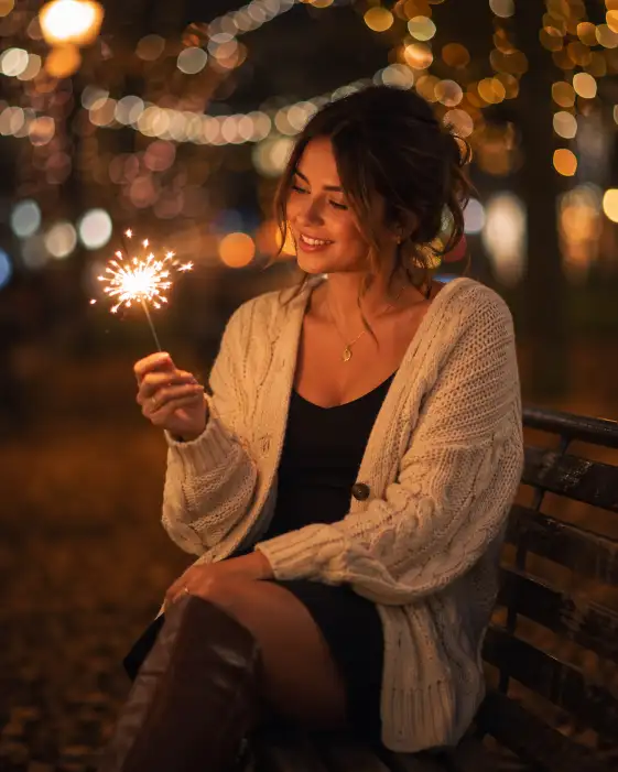 Create a bokeh photo of a young woman sitting on a park bench at night, holding a sparkler in one hand that casts a warm golden glow on her face. She is wearing a cozy oversized cream cable-knit cardigan over a simple black dress with knee-high brown leather boots. She is looking at the sparkler with a soft, happy smile. The background is filled with dozens of large, colorful, circular bokeh lights in warm gold, soft white, and gentle amber tones from distant street lamps and fairy lights strung between trees. The camera is close to her at chest height, shooting with an extremely shallow depth of field. Warm, romantic tones with a dreamy, magical quality. Shot with an 85mm lens, f/1.4. Use aspect ratio 4:5.