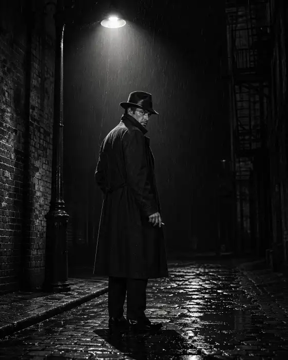 Create a film noir style photo of a man standing under a single cone of light from a street lamp on a deserted cobblestone alley at night. He is wearing a classic dark fedora hat tilted slightly forward, a long charcoal trench coat with the collar turned up, and polished black Oxford shoes. He is holding an unlit cigarette between his fingers and looking over his shoulder with a suspicious, guarded expression. The alley behind him disappears into complete darkness with only faint outlines of old brick walls and a fire escape ladder visible. Rain is falling lightly, creating tiny splashes in the puddles around his feet that reflect the lamplight. Harsh, high-contrast black and white with deep blacks and bright whites. Strong directional light from above creating long dramatic shadows on the ground. Shot with a 35mm lens, classic 1940s film noir aesthetic. Use aspect ratio 4:5.
