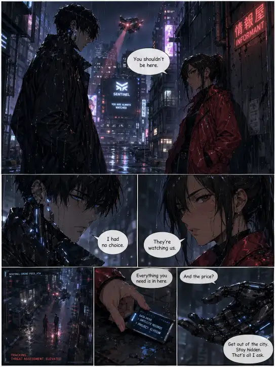 Create a full-color manga-style comic page set in a rainy neon city alley at night, with a simple sci-fi story about a rogue android meeting a human informant; use a multi-panel layout with one wide scene and a few close-ups, include a tall android in a dark coat with faint glowing details and a woman in a red jacket, both wet from rain with serious expressions; add short dialogue like "You shouldn't be here." "I had no choice." "They're watching us.", detailed anime style, soft color grading, moody atmosphere; aspect ratio 3:4.