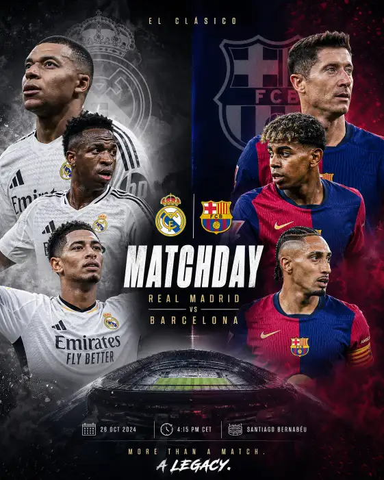 Create a stunning match day social media poster of Real Madrid and Barcelona match. It features only major players playing right now. Use aspect ratio 4:5.